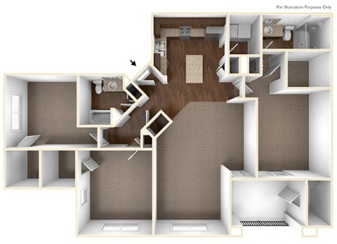 Floor plan for 3 beds, 2 baths, 1402 sqft